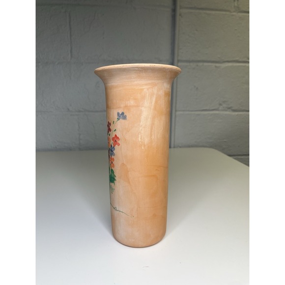 Rosenthal Netter Vintage Terracotta Flared Vase Hand Painted Flowers Green - Picture 6 of 11